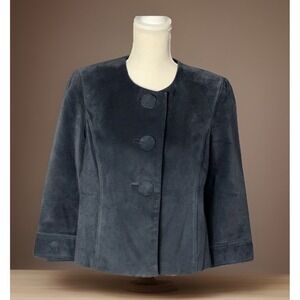 Anne Klein‎ Classic Suede Leather Jacket Navy Oversized Buttons Pockets Size 8